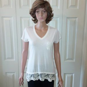 Rue 21 Ivory Short Sleeve Blouse with Lace Front Pocket and Hem Size S NWT